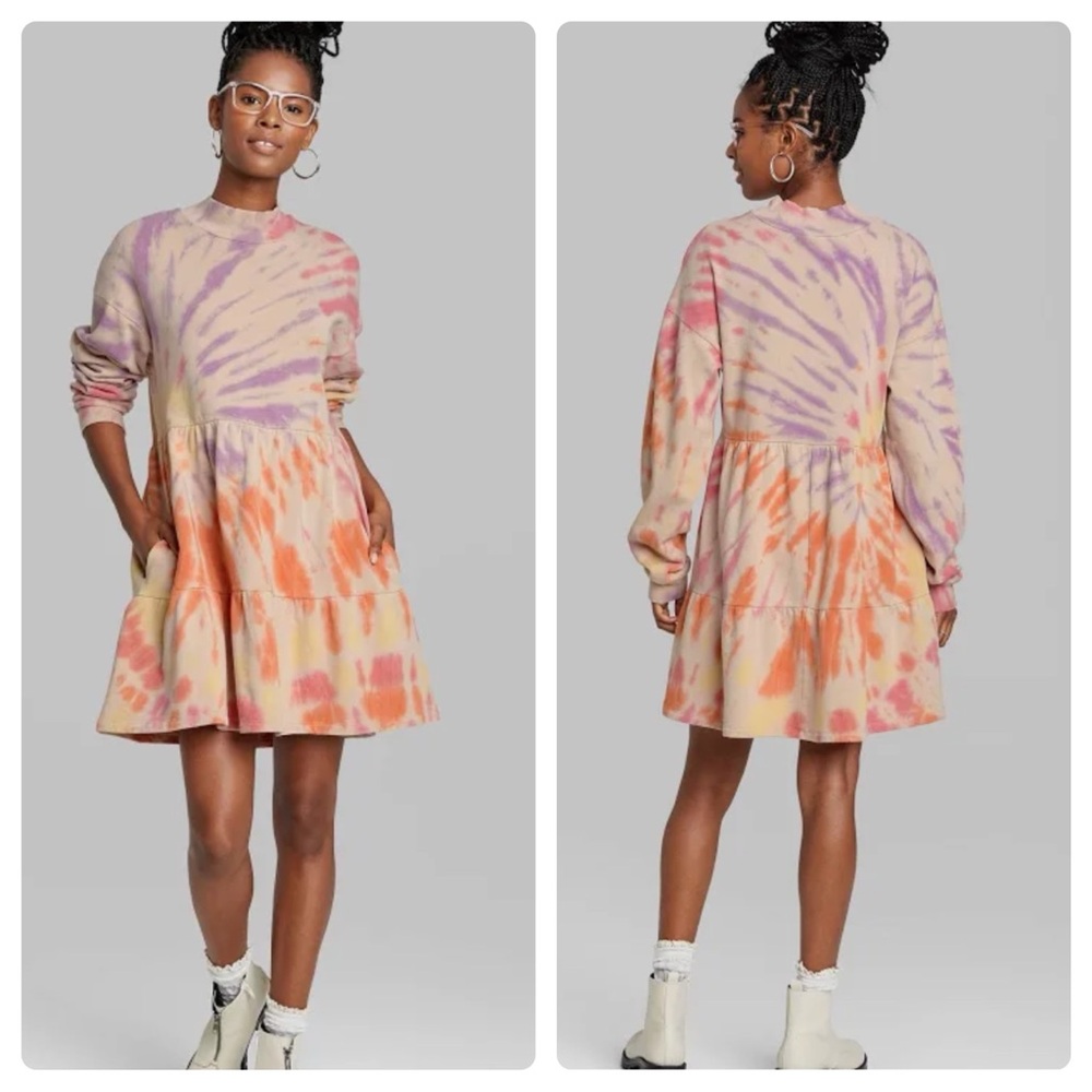NEW Wild Fable Cozy Long Sleeve Tie-Dye Sweatshirt Dress Pockets Pale Peach Smal